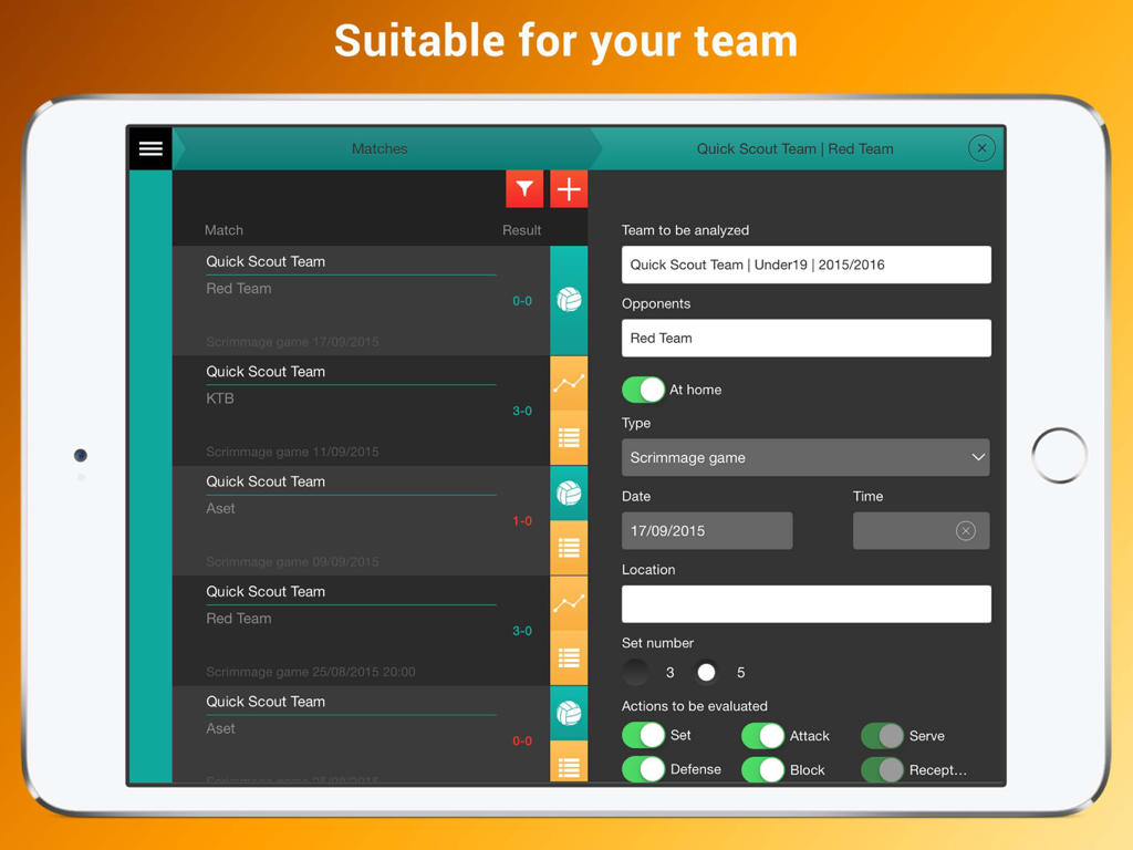 Quick Scout Volley - Quick Scout Volley match setup and management interface on iPad