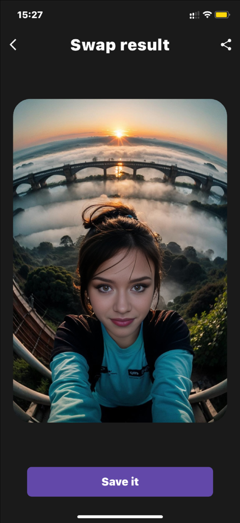 Lucky Loki: Face Swap - Ein realistisches KI-Face-Swap-Ergebnis, das eine junge Frau in einer malerischen Landschaft mit einer Brücke bei Sonnenaufgang zeigt.