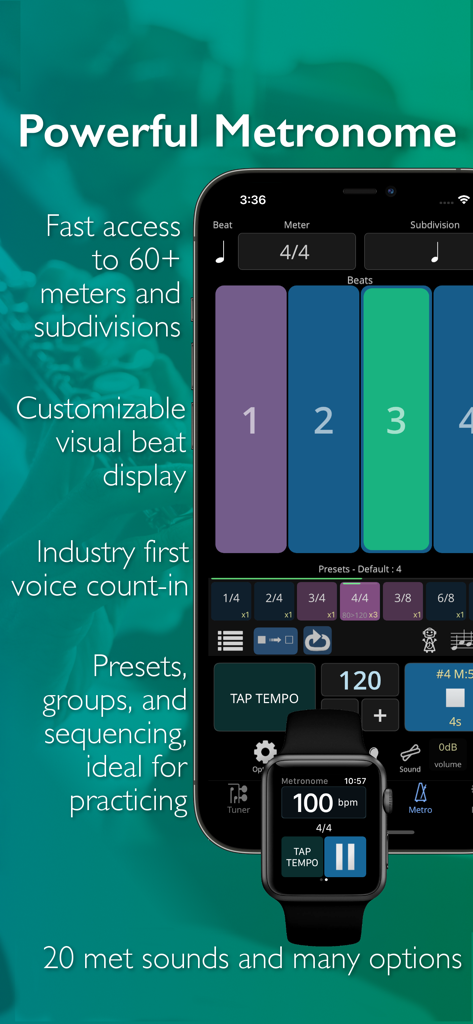 TonalEnergy Tuner & Metronome - TonalEnergy app metronome interface on iPhone and Apple Watch showing customizable visual beat displays and presets