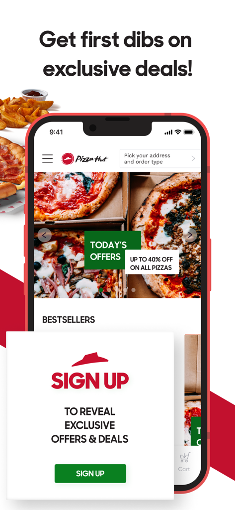 Pizza Hut Trinidad and Tobago app interface with sign up prompt for exclusive deals and 40 percent off pizzas