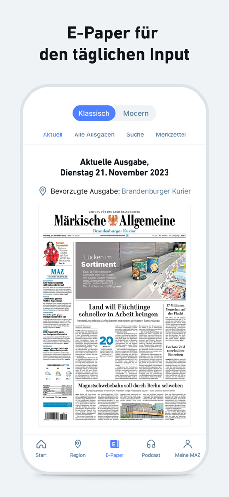 MAZ - Nachrichten und Podcast - Screenshot der MAZ News App, die das klassische E-Paper-Format der Märkischen Allgemeinen Zeitung zeigt
