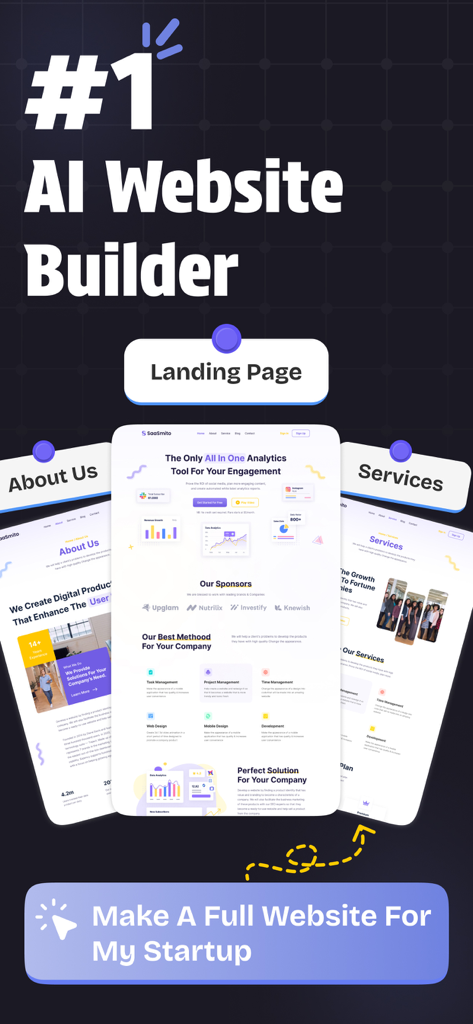 LovableAI mobile app interface showing AI generated website templates for a startup landing page and services