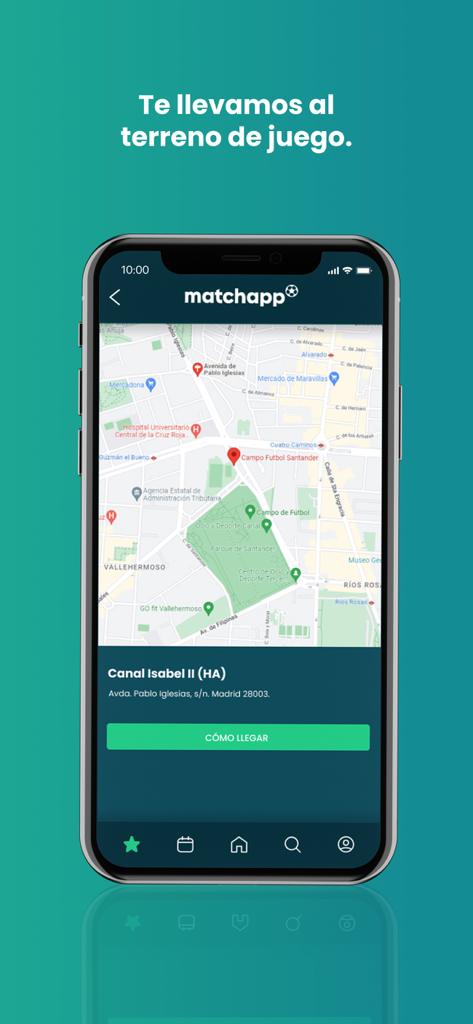 Aplicación móvil Matchapp que muestra un mapa con indicaciones para llegar a un campo de fútbol local