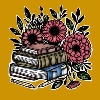 rustic books and beautiful flowers realistic