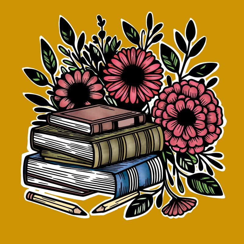 rustic books and beautiful flowers realistic