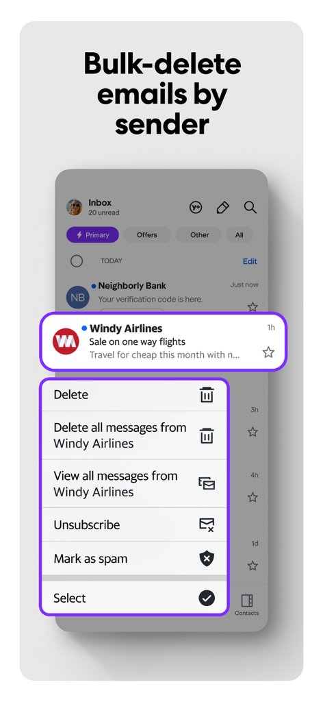 Yahoo Mail app interface showing the bulk-delete emails by sender menu