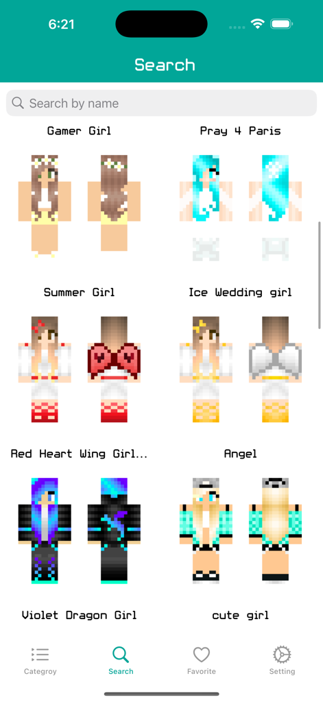 Search results screen in the Girl Skins for Minecraft PE app showing various aesthetic character skins like Gamer Girl and Summer Girl