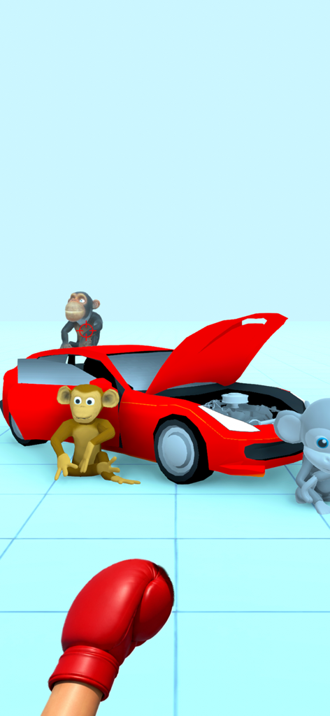 Annoying Monkey Punch - First person view of a red boxing glove aiming at monkeys around a red car in a boxing arcade game