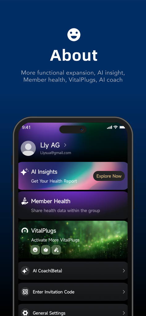JCVital - JCVital app interface showing AI health insights and member health settings