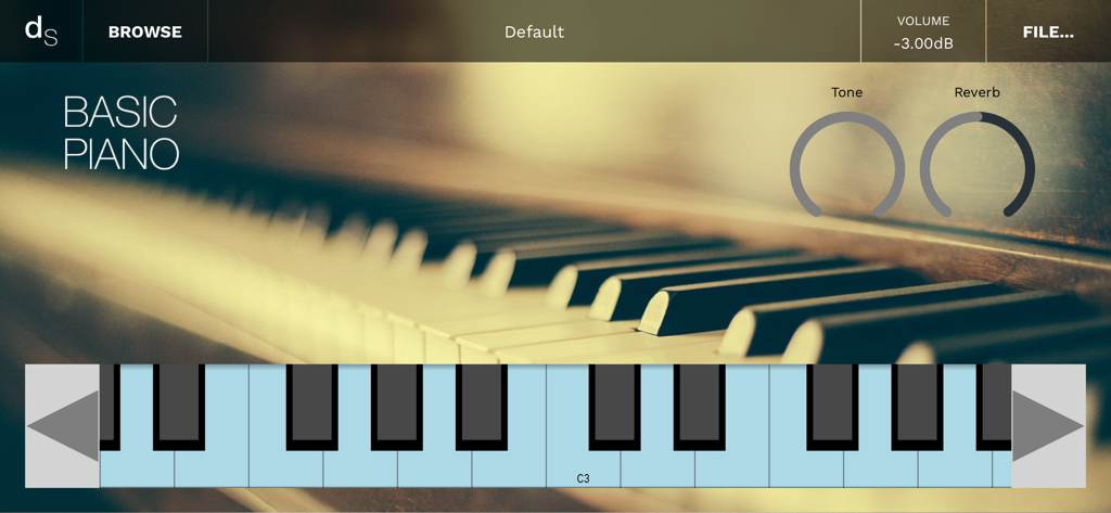 Decent Sampler - Interfaz de la aplicación Decent Sampler mostrando un instrumento de piano básico con controles de tono y reverberación
