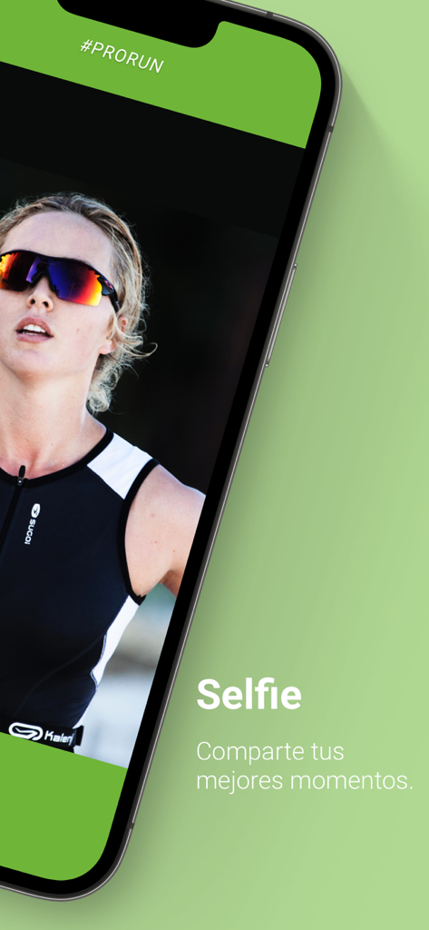 A woman athlete shown in a race selfie on the ProRun Live mobile application interface.