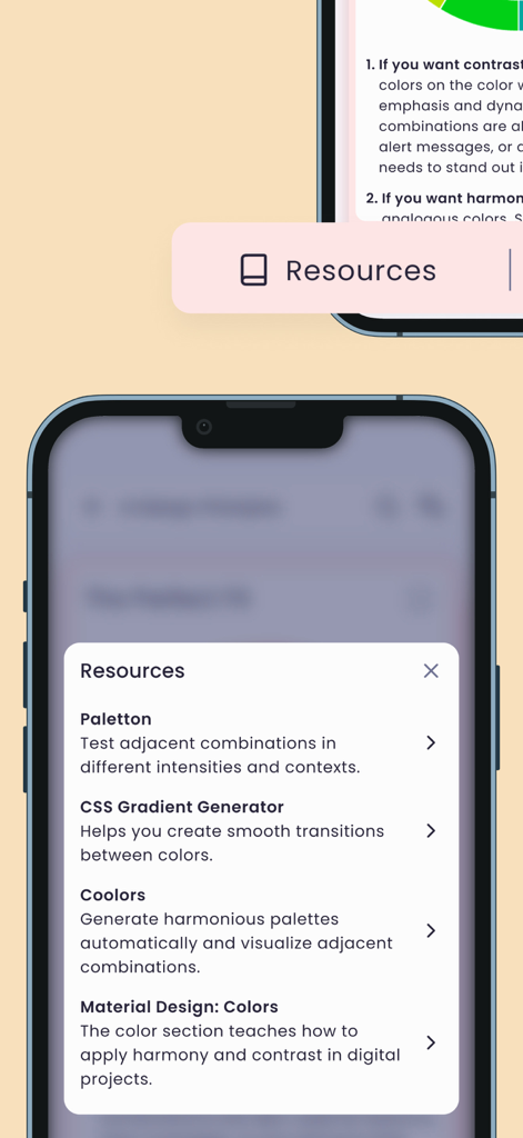 X Decks – UX/UI Cards & Tools - Una interfaz móvil de X Decks que muestra una lista de recursos y herramientas de diseño curados, incluyendo Paletton y Coolors