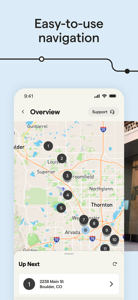 Veho Driver - Veho Driver App-Screenshot, der eine Karte mit nummerierten Lieferroutenstopps und einfacher Navigation zeigt