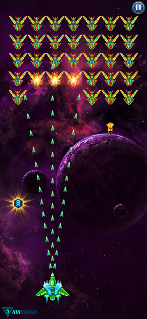 A spaceship firing green lasers at rows of alien enemies in a space battle.