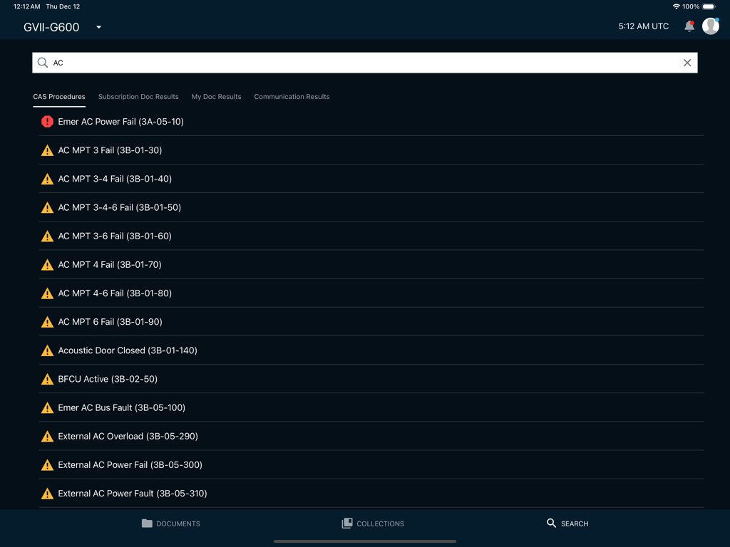 Interfaz de la aplicación Gulfstream PlaneBook que muestra resultados de búsqueda de procedimientos CAS relacionados con AC y advertencias del sistema.