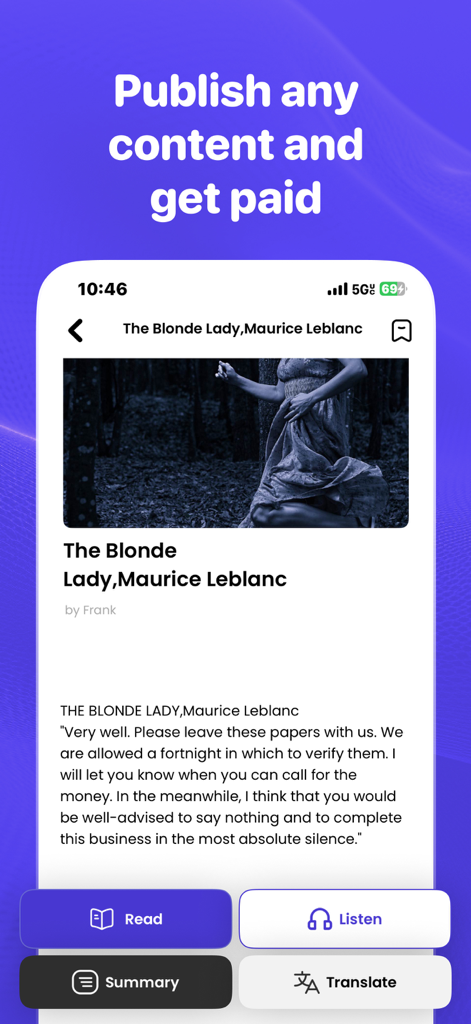 Soundbook Audio: Books & Music - Soundbook Audio app interface showing a book summary with buttons to read listen summarize and translate content under the headline Publish any content and get paid