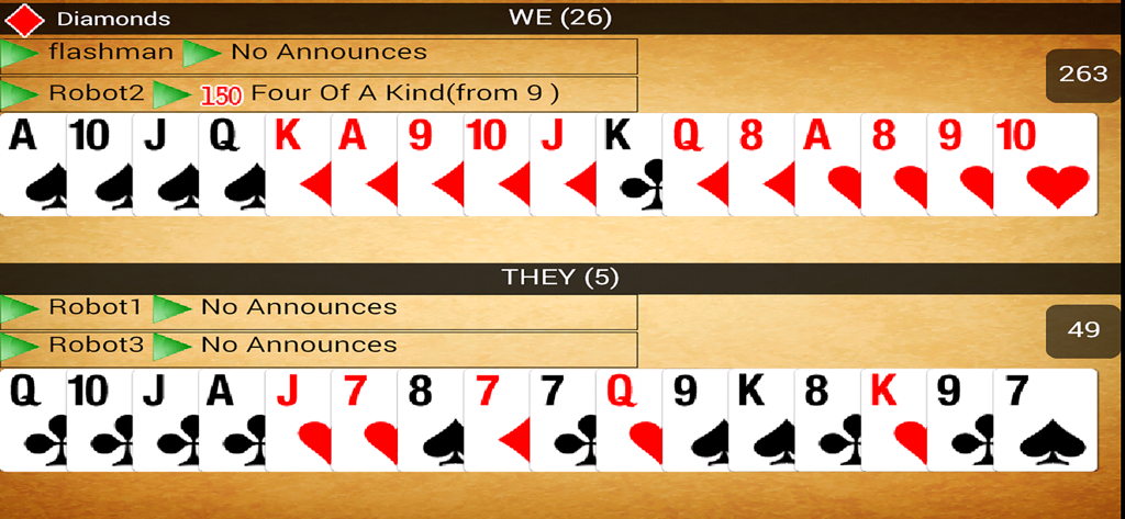 Gameplay screen of Belot Bridge-Belote showing two hands of cards and game announcements