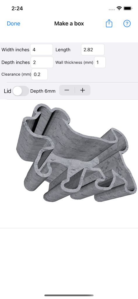 Interfaz de la aplicación 3D Box Maker mostrando un diseño 3D de una caja personalizada con forma de perro con ajustes de dimensiones