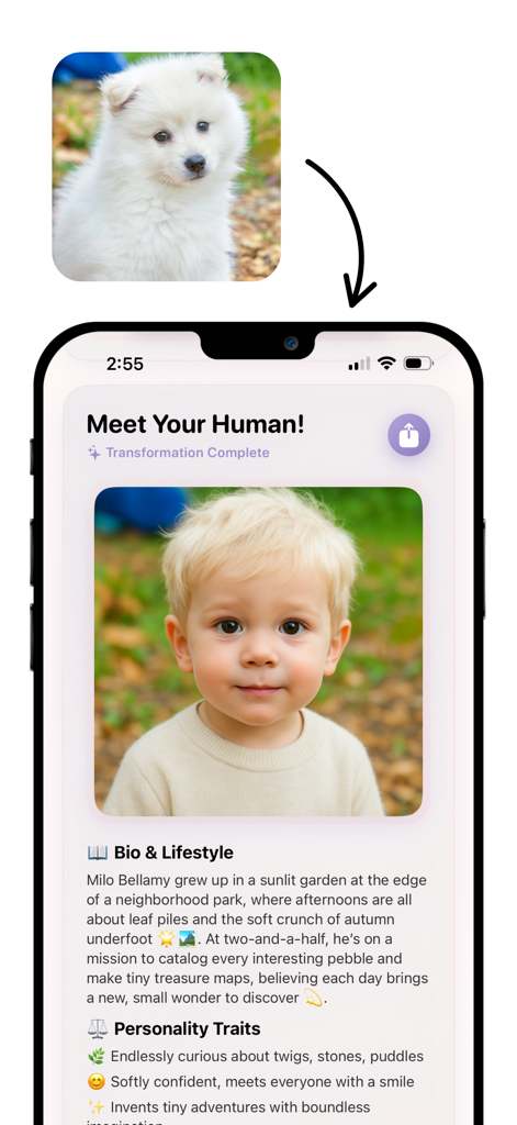 Un cachorro blanco transformado en un niño joven con un perfil de personalidad generado por IA personalizado en la app Perro a Humano