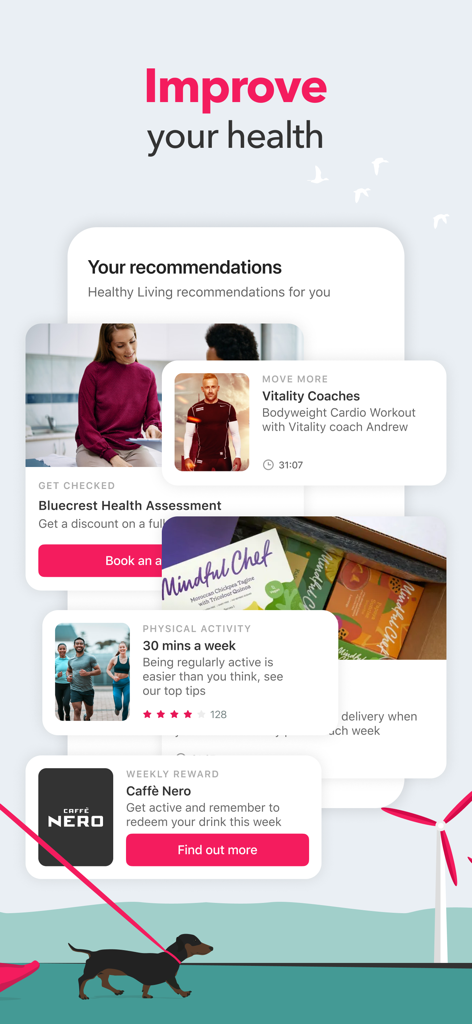 Vitality UK mobile app interface showing health recommendations and weekly rewards like coffee and workouts