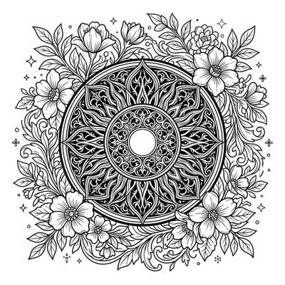 Discover the unique fusion of dark elegance and vibrant new life with this captivating Sun Disk coloring page. Intricate gothic patterns blend seamlessly with blooming spring florals, offering a truly enchanting artistic escape.