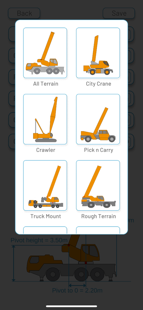 Crangle - A selection menu in the Crangle app showing six different crane types including All Terrain, Crawler, and Rough Terrain.