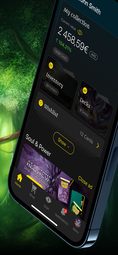 Poké TCG Scanner Dragon Shield - Mobile dashboard of the Poke TCG Scanner app showing total collection value and inventory folders