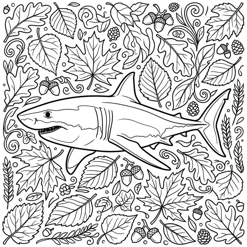 Discover an extraordinary blend of ocean and land with this Great White Shark in an Autumn scene coloring page. It's a perfect seasonal challenge for adult and teen coloring enthusiasts.