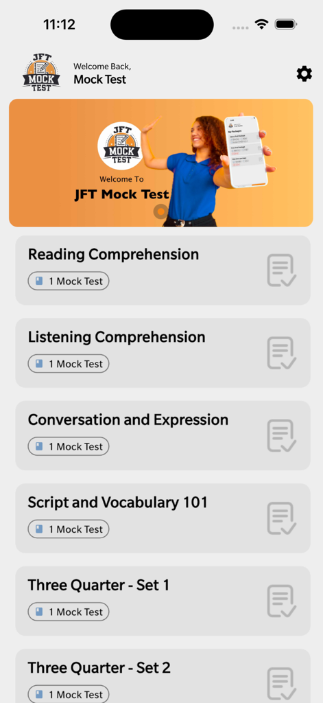 JFT Mock Test - Dashboard of the JFT Mock Test app showing various Japanese language test categories.