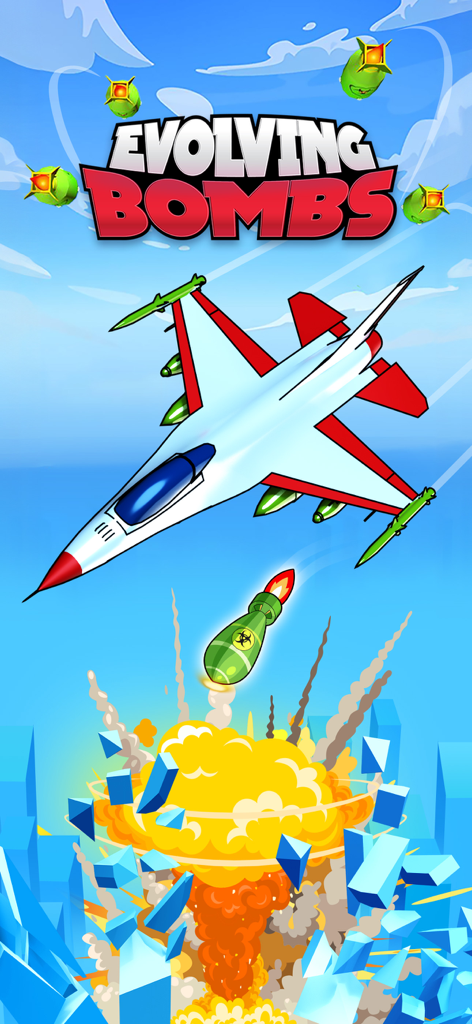 Evolving Bombs! - Un avión de combate lanzando una bomba sobre una ciudad con el título del juego Bombas en Evolución
