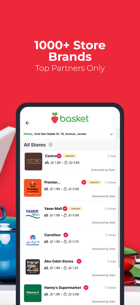 Interface móvel do aplicativo Basket listando os parceiros de supermercado disponíveis em Amã, Jordânia