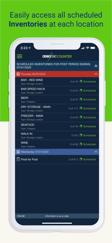 Crunchtime Counter - Crunchtime Counter app interface showing a list of scheduled restaurant inventory tasks by storage location and product category.
