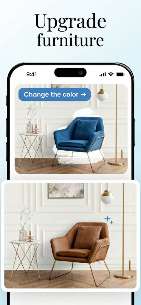 AI Home Design: Makeover,Decor - Una interfaz de aplicación móvil que demuestra cómo cambiar el color de los muebles de un sillón azul a un sillón marrón usando IA.