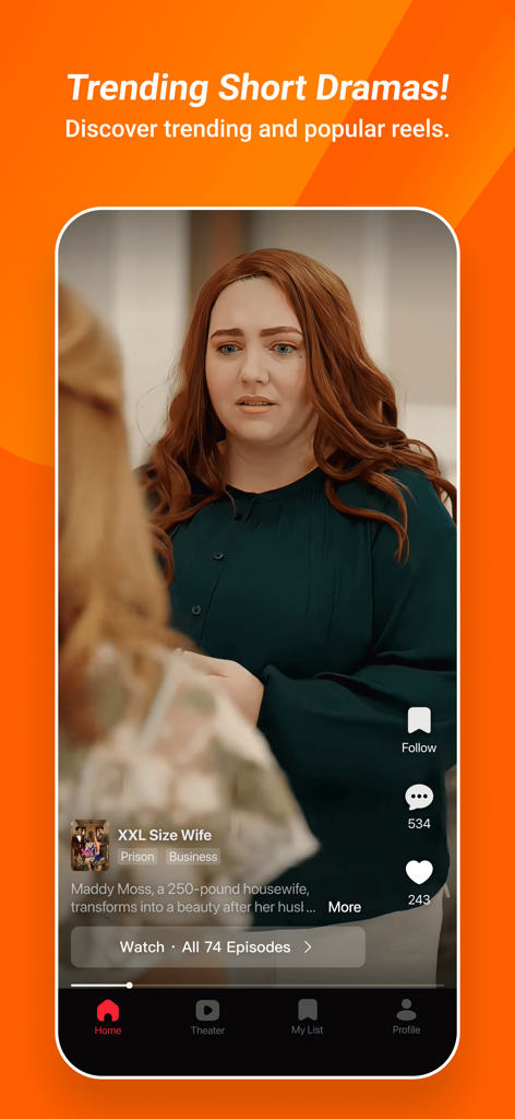 DramaReels: Dramas and Series - Eine mobile App-Oberfläche, die ein trendiges Kurz-Drama mit dem Titel XXL Size Wife anzeigt, mit einer verärgert wirkenden Frau und vertikalen Videokontrollen.