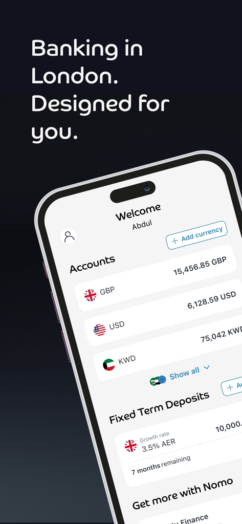 Nomo - Digital Sharia Banking - The Nomo digital banking app interface displaying multi currency accounts and fixed term deposits