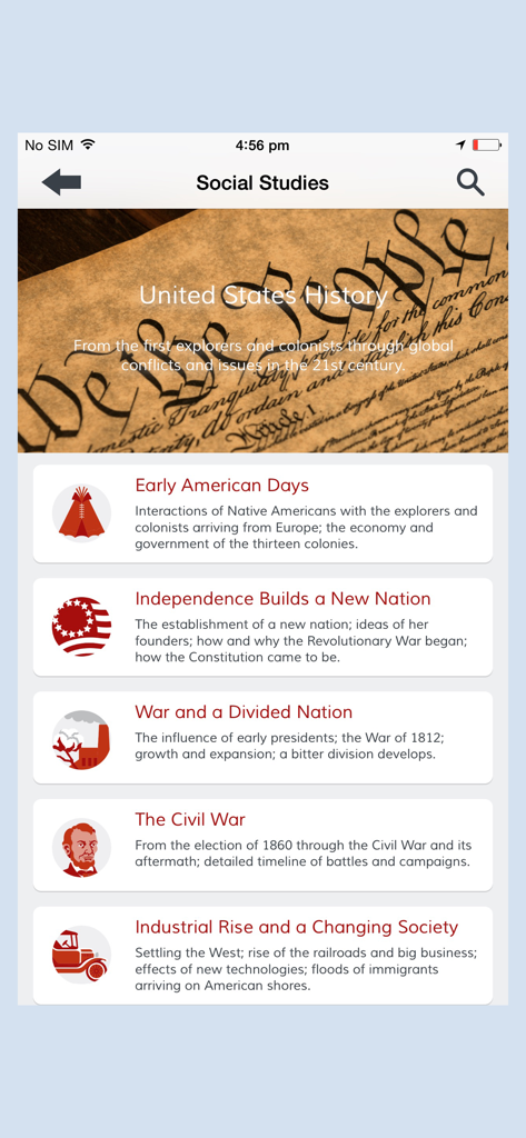 SWAdvantage - Screen of the SWAdvantage app Social Studies section featuring United States History lesson modules.