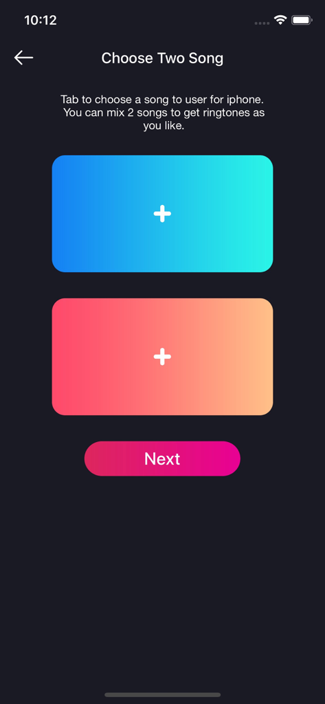 Ringtone Maker : MyRingtone - Interfaz para seleccionar dos canciones para mezclar en un tono de llamada personalizado para iPhone
