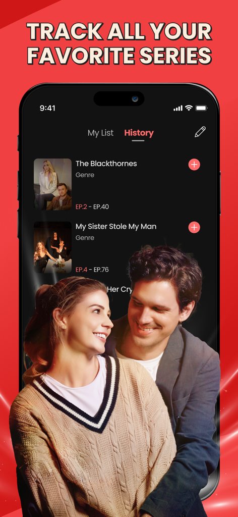 DramaDash: Drama Shorts TV - Interface of DramaDash app showing the history and list of tracked short drama series