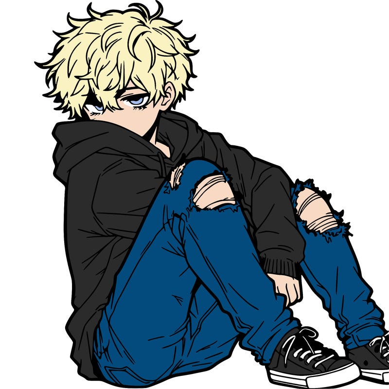 a male hoddie ripped jeans messy hair anime