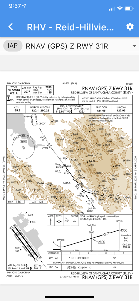 Approach Charts - 접근 차트 앱의 Reid-Hillview 공항 계기 접근 차트