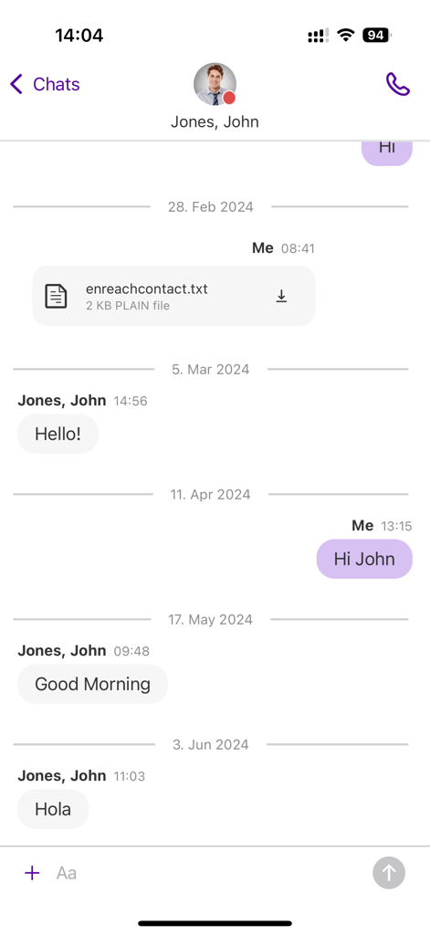 Chat-Oberfläche der Swyx Mobile App mit professionellen Nachrichten und Dateifreigabe