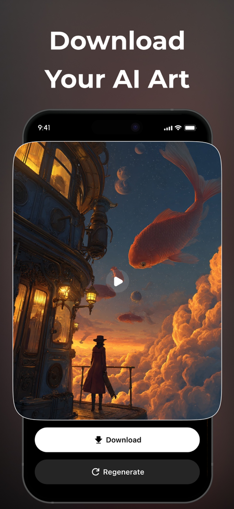 Oberfläche der VidnoAi-App mit einer Download-Schaltfläche und einer surrealen KI-Videovorschau eines riesigen Fisches am Himmel