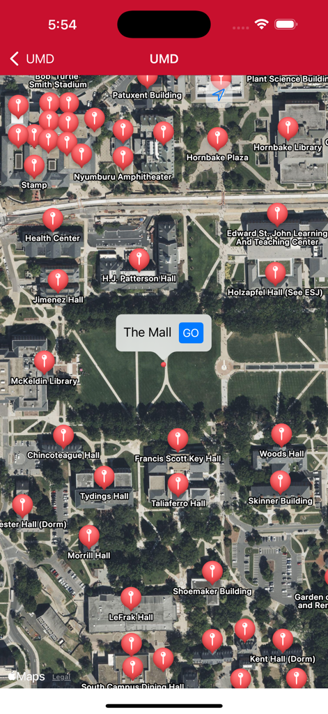 Visão de satélite do campus da Universidade de Maryland com marcadores de edifícios no aplicativo Campus Maps