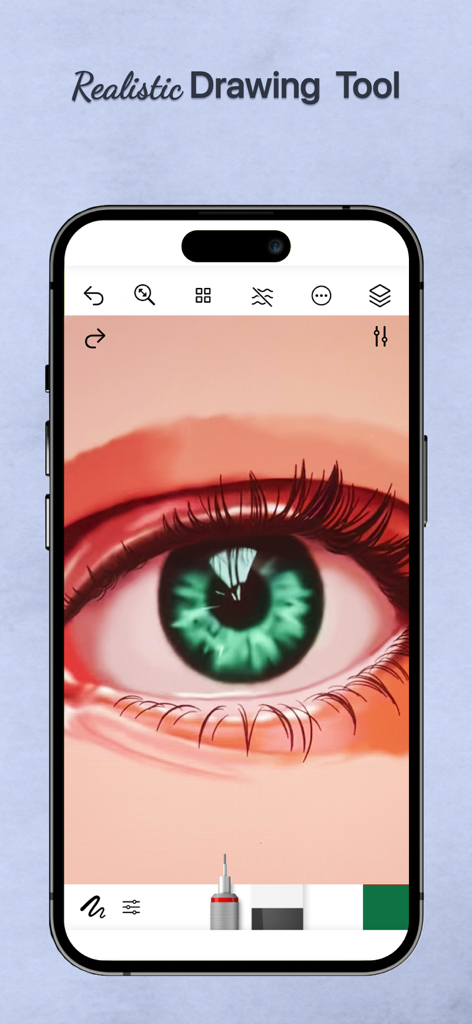 モバイルアプリインターフェイスに表示されたリアルな緑の目のデジタル水彩画