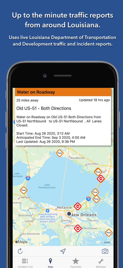 Louisiana State Roads app map view displaying live traffic reports and road incidents around New Orleans