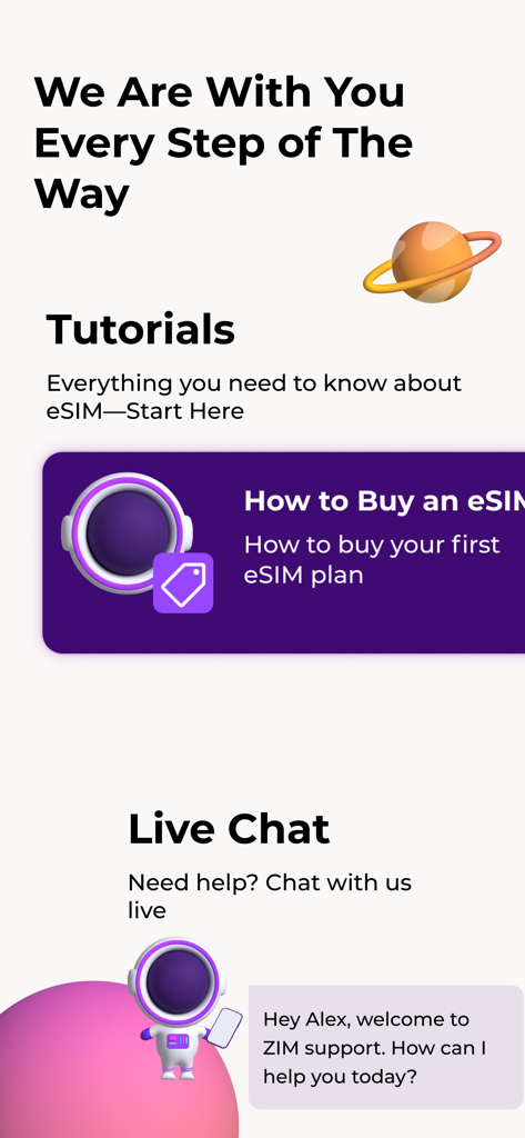 ZIM app screen showing help tutorials and live chat support with an astronaut character