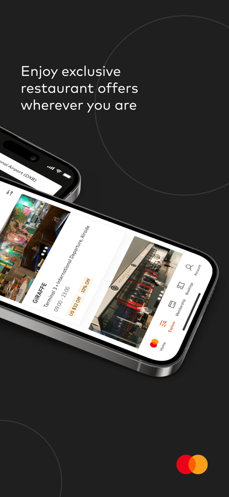 Pantalla de la aplicación Mastercard Travel Pass mostrando ofertas exclusivas de restaurantes en el aeropuerto y descuentos en comidas