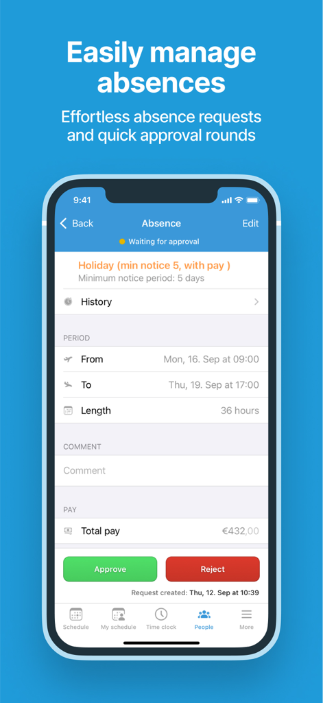 PARiM - PARiM mobile app screen for approving or rejecting staff absence and holiday requests