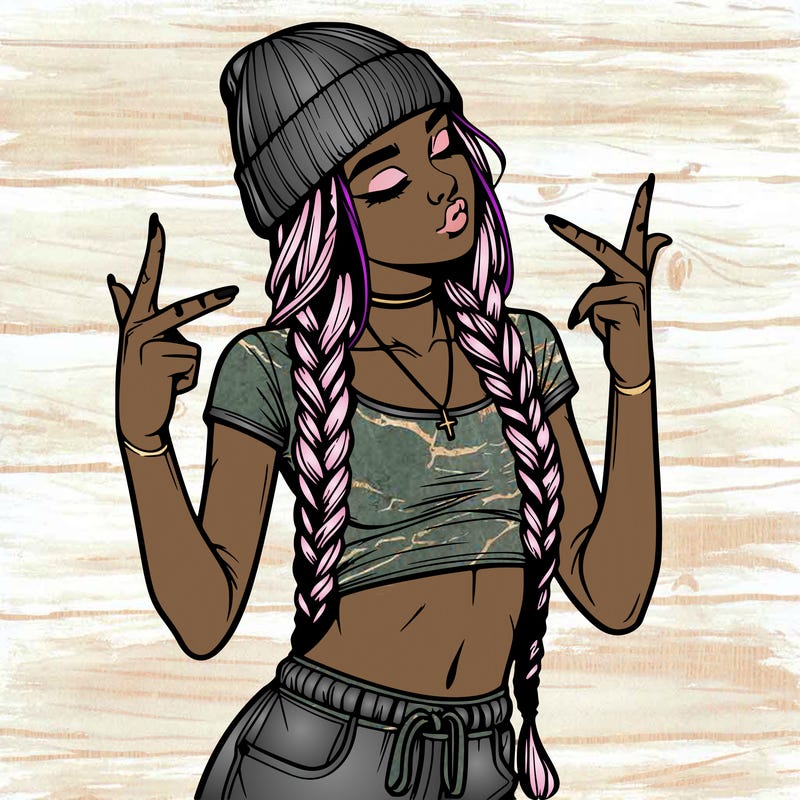 realistic teenage girl with braids and a beanie and crop top doing 🫶🏼