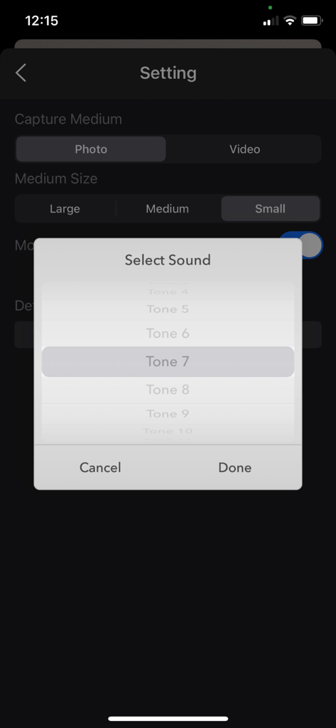 Settings screen for selecting motion detection alert tones in the app
